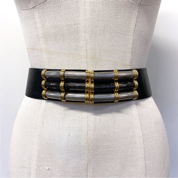 Vintage Judith Leiber Hematite and Gold Column Clasp Leather Belt - Picture 2 of 6